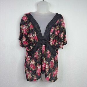 Lovesick Shirt Womens XL Pink Red Floral‎ Short Sleeve Lace Babydoll Romantic